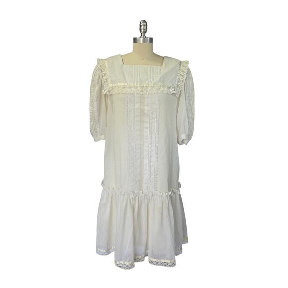 Gunne Sax Vintage 70s Edwardian Style White Midi Dress Size 11 M Drop Waist - Picture 2 of 14